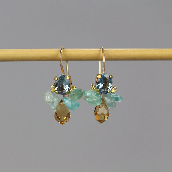 Blue Cubic Zirconia Gemstone Cluster Bee Earrings - Blue Cubic Zirconia, Apatite, Yellow Glass