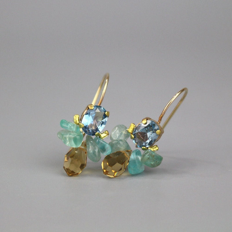 Blue Cubic Zirconia Gemstone Cluster Bee Earrings - Blue Cubic Zirconia, Apatite, Yellow Glass