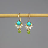 Turquoise Earrings, Dainty Earrings, Small Drop Earrings, Pearl Cluster Earrings, Colorful Gemstone Earrings, Bohemian Bridesmaid Earrings