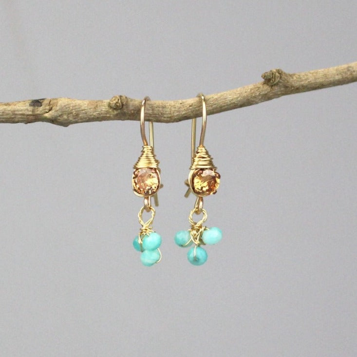 Champagne Zircon Earrings, Amazonite Cluster Earrings, Petite Gemstone Earrings, Small Drop Earrings, Bridesmaid Gift, Multi Stone Earrings