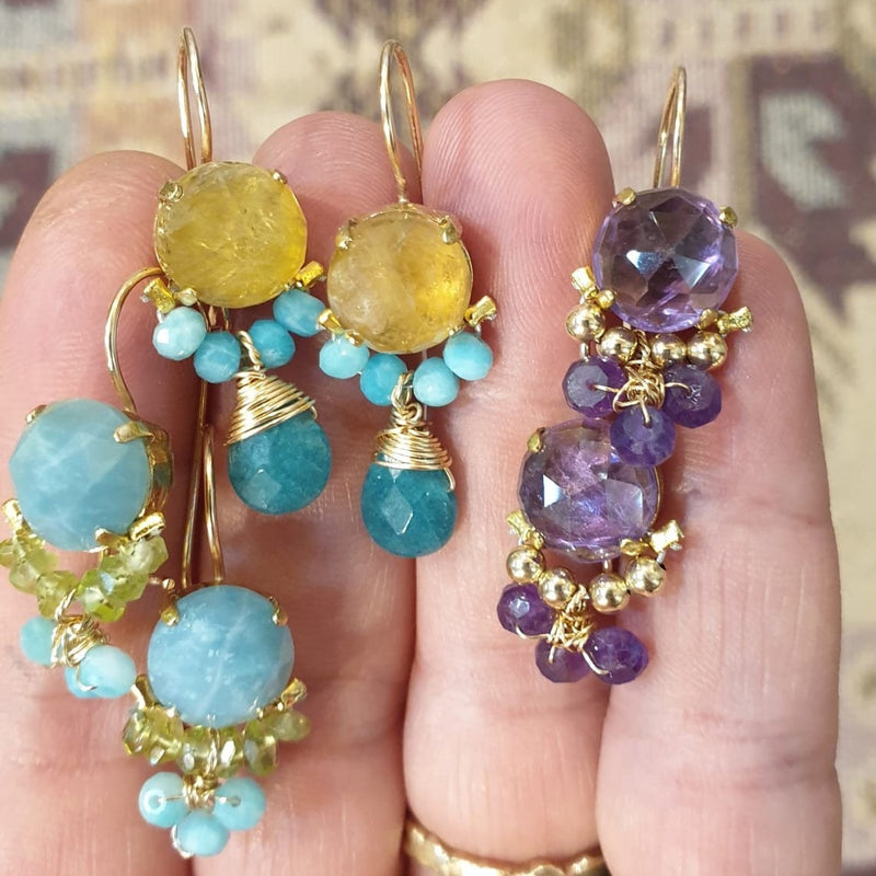 Unique Citrine Earrings, Summer Earrings, Bohemian Jewelry, Yellow Blue Earrings, Amazonite Earrings, Cluster Earrings, Small Drop Earrings