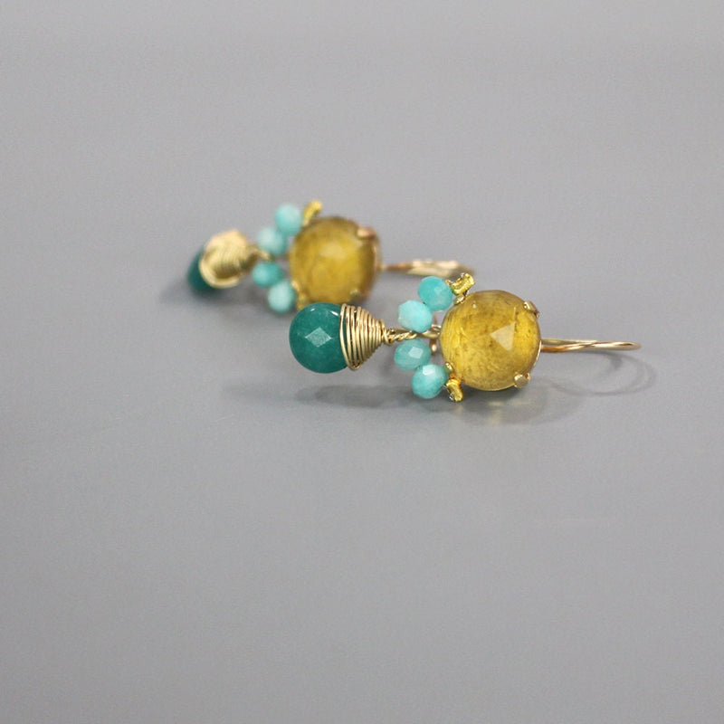 Unique Citrine Earrings, Summer Earrings, Bohemian Jewelry, Yellow Blue Earrings, Amazonite Earrings, Cluster Earrings, Small Drop Earrings
