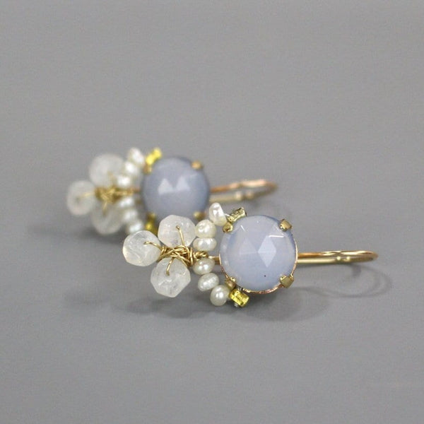 Chalcedony Earrings, Dangling Earrings, Pearl Earrings, Moonstone Earrings, Gemstone Cluster Earrings, Unique Handmade Earrings