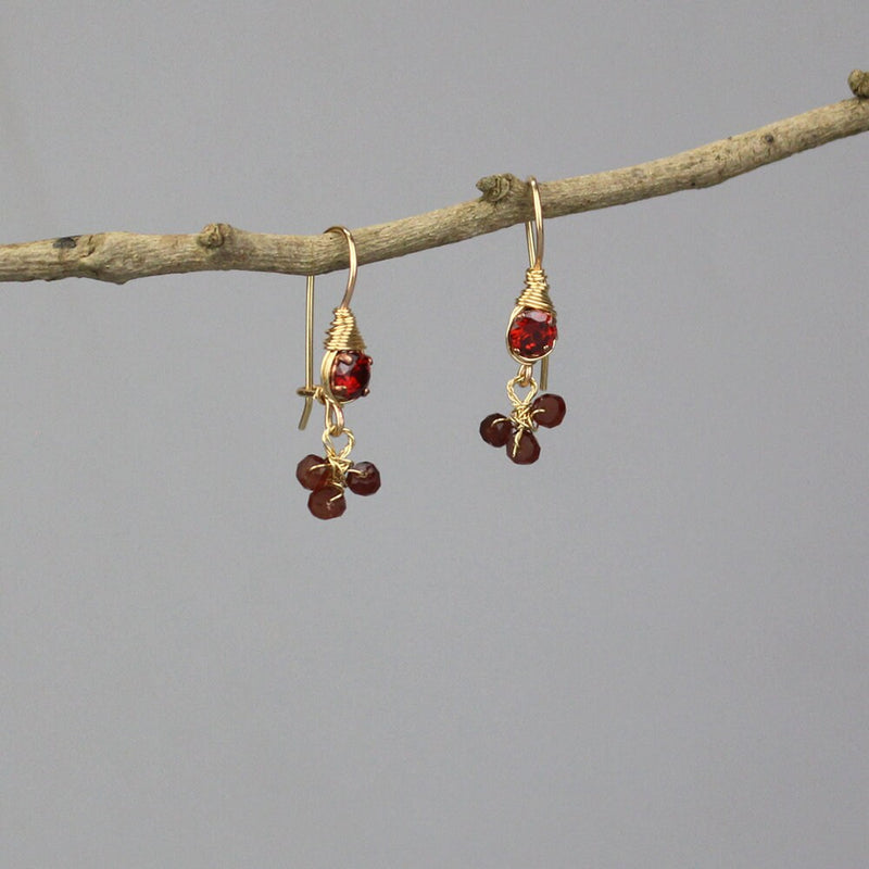 Red Earrings, Garnet Drop Earrings, Red Cubic Zirconia Earrings, Small Earrings, Dainty Earrings, Clover Earrings, Wire Wrapped Jewelry