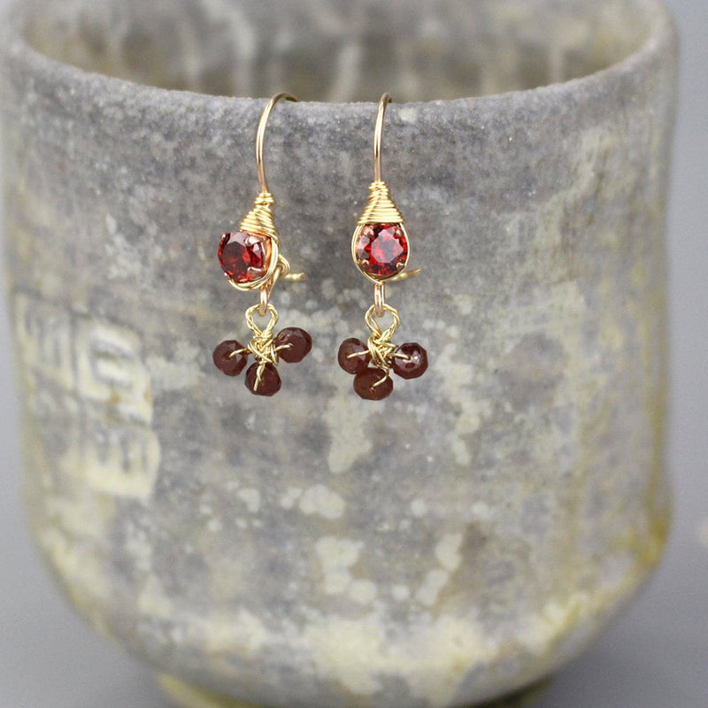 Red Earrings, Garnet Drop Earrings, Red Cubic Zirconia Earrings, Small Earrings, Dainty Earrings, Clover Earrings, Wire Wrapped Jewelry