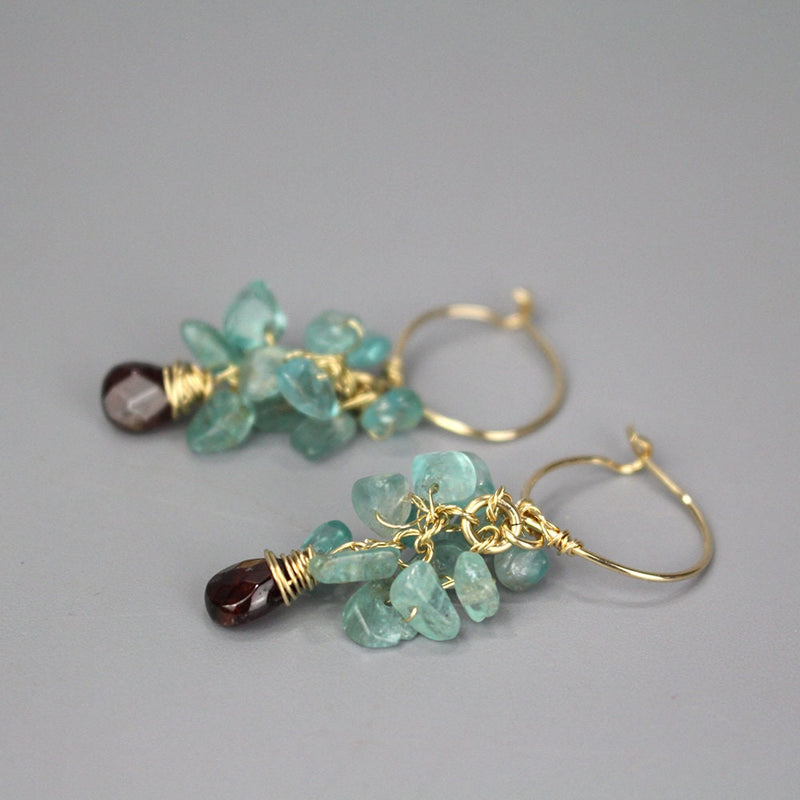 Gemstone Cluster Hoop Earrings, Apatite Earrings, Garnet Drop Earrings, Gypsy Hoops, Bohemian Earrings, Unique Dangle Earrings