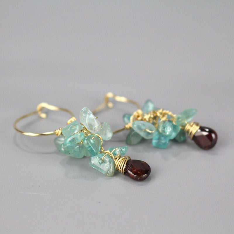 Gemstone Cluster Hoop Earrings, Apatite Earrings, Garnet Drop Earrings, Gypsy Hoops, Bohemian Earrings, Unique Dangle Earrings
