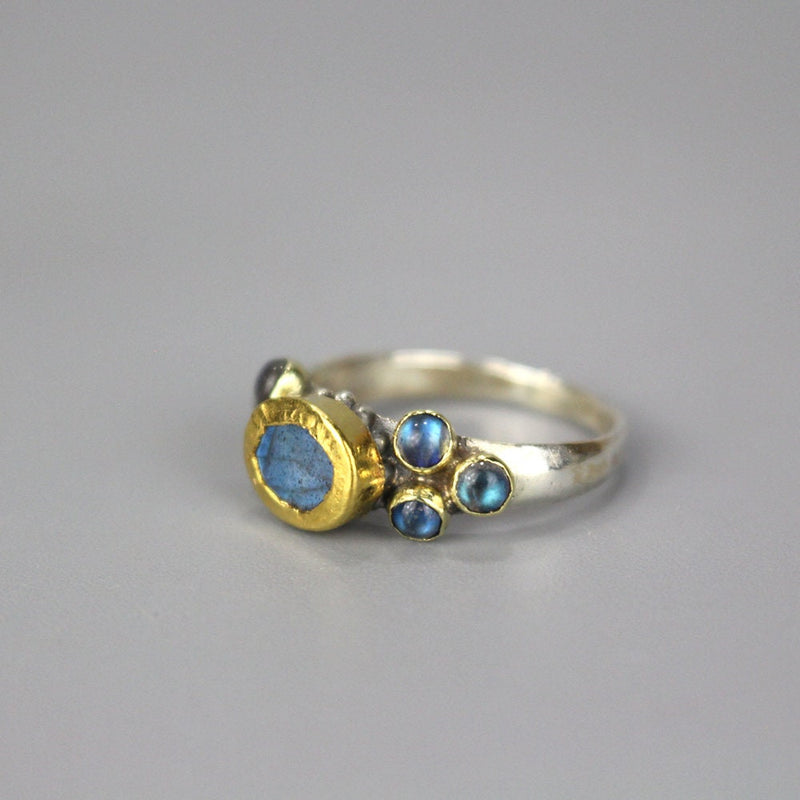 Labradorite Engagement Ring, 24K Gold Bezel Set Ring, Solid Gold Ring, Mixed Metal Ring, Sterling Silver Band Ring, Bridal Ring