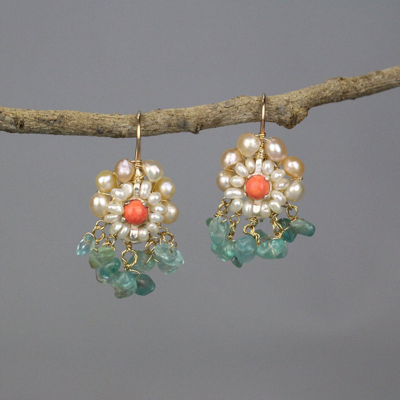 Coral Apatite and Pearls Cherkes Handmade Earrings, Mother of the Bride Earrings, Bridal Earrings, Gemstone Cluster Earrings