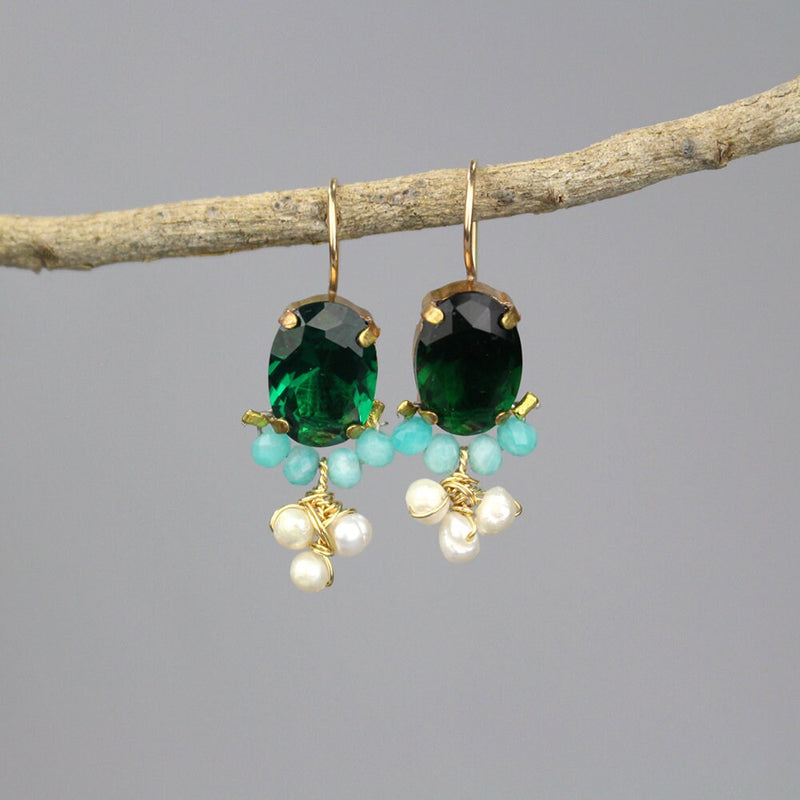 Green Glass Earrings, Multi Color Earrings, Gemstone Earrings, Amazonite Earrings, Pearl Cluster Earrings, Oval Earrings, Bohemian Earrings