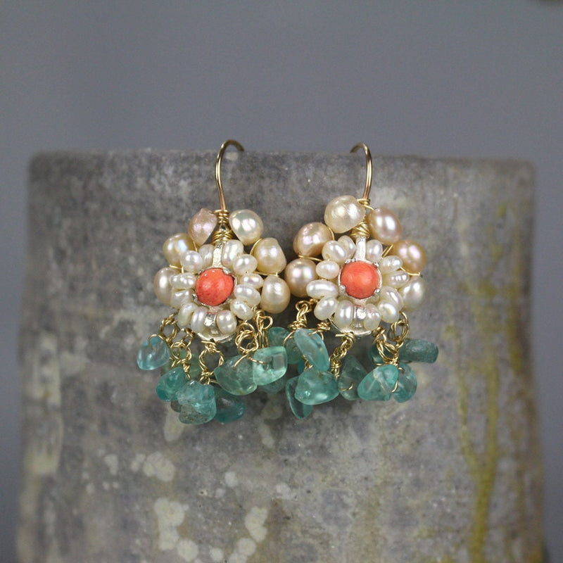 Coral Apatite and Pearls Cherkes Handmade Earrings, Mother of the Bride Earrings, Bridal Earrings, Gemstone Cluster Earrings