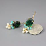 Green Glass Earrings, Multi Color Earrings, Gemstone Earrings, Amazonite Earrings, Pearl Cluster Earrings, Oval Earrings, Bohemian Earrings