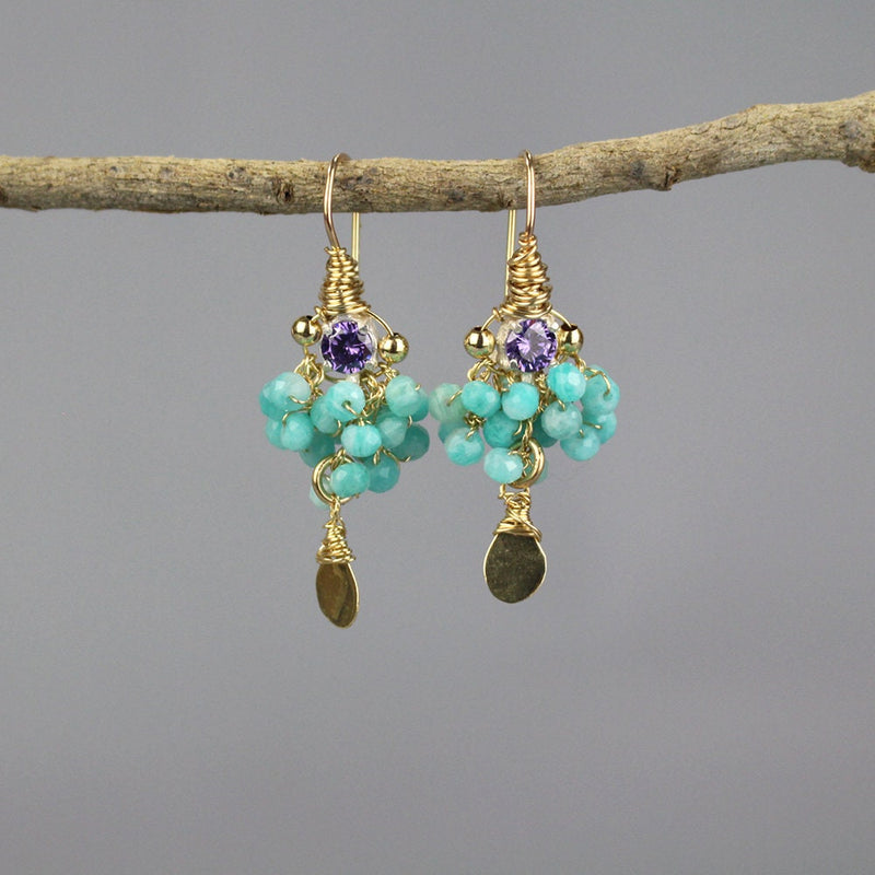 Purple Cubic Zirconia Earrings, Amazonite Cluster Earrings, Bohemian Wedding Earrings, Leaf Dangle Earrings, Colorful Earrings, Boho Chic
