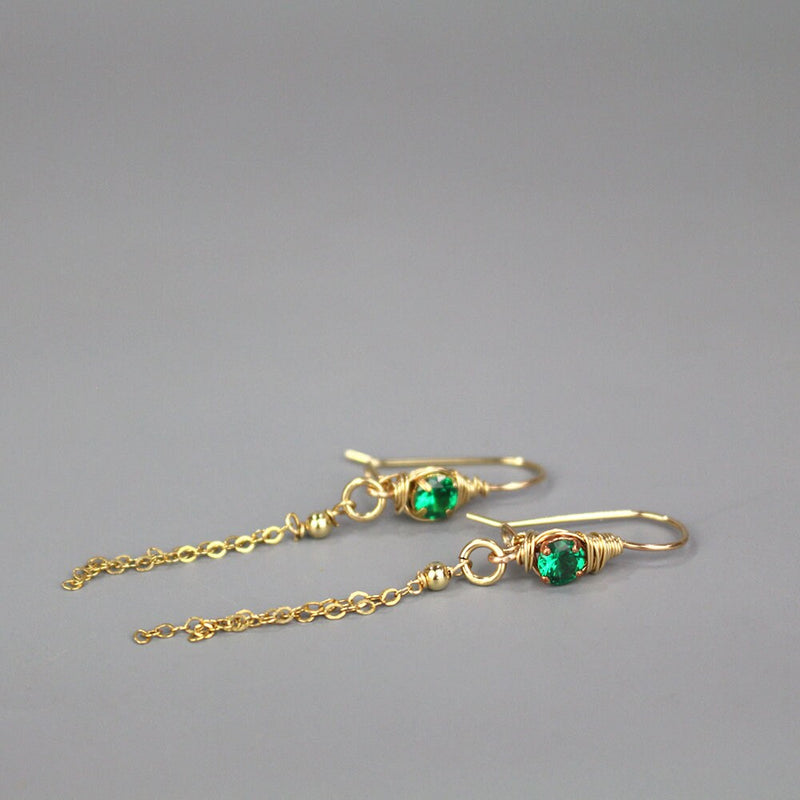 Gold Filled Chain Dangle Earrings, Green Cubic Zirconia Earrings, Drop Chain Earrings, Chain Tassel Earrings, Long Earrings, Gift for Her