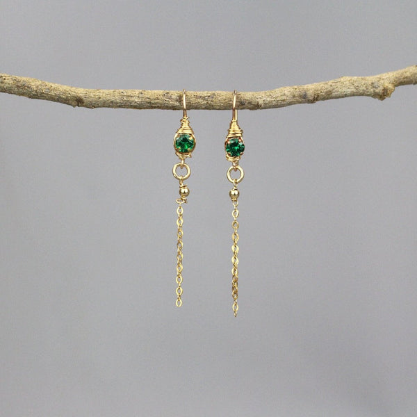 Gold Filled Chain Dangle Earrings, Green Cubic Zirconia Earrings, Drop Chain Earrings, Chain Tassel Earrings, Long Earrings, Gift for Her