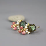 Cluster Earrings, Labradorite Earrings, Pearl Earrings, Rhodonite Earrings, Bohemian Jewelry, Boho Earrings, Gemstone Earrings, Unique