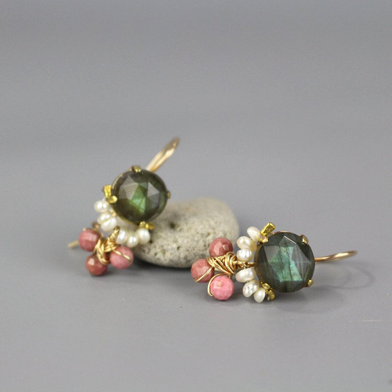 Cluster Earrings, Labradorite Earrings, Pearl Earrings, Rhodonite Earrings, Bohemian Jewelry, Boho Earrings, Gemstone Earrings, Unique