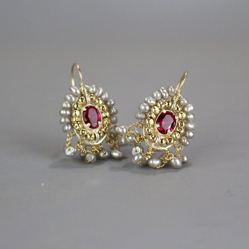 Grey Pearl Earrings, Statement Earrings, Pink Zircon Earrings, Cluster Earrings, Wedding Earrings, Drop Earrings, Unique Earrings