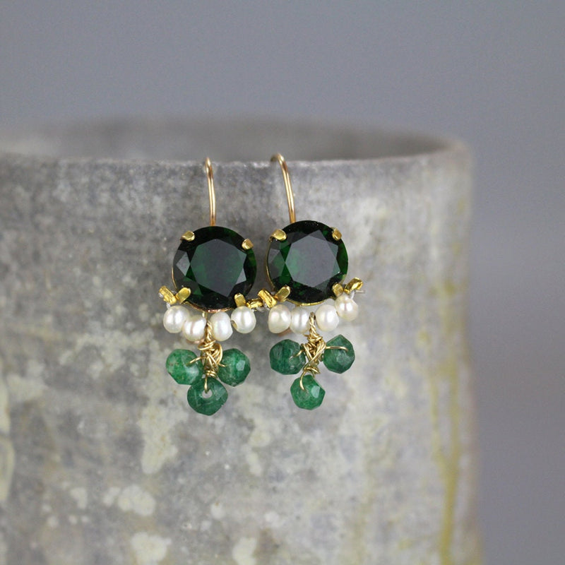 Green Earrings, Gemstone Earrings, Bohemian Jewelry, Green Zircon Earrings, Aventurine Earrings, Cluster Drop Earrings, Nature Inspired,