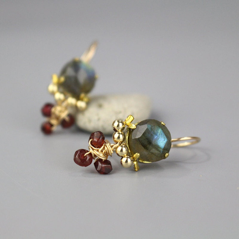 Small Labradorite Garnet Cluster Dangle Gemstone Earrings