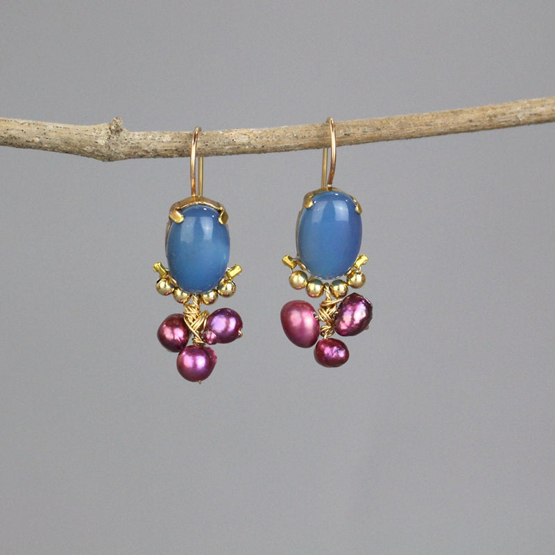 Oval Blue Lace Agate Earrings, Pink Pearl Earrings, Bridesmaid Gift, Gemstone Cluster Earrings, Artisan Handcrafted Jewelry, Dangle Earrings