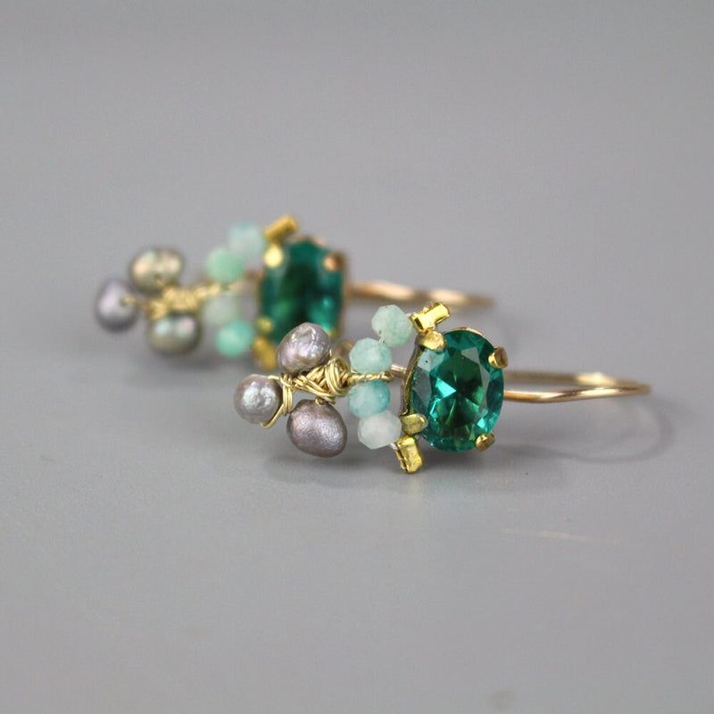 Small Gemstone Earrings, Tiny Green Blue Dangle Earrings, Gift Ideas, Pearl Cluster Earrings, Boho Earrings, Petite Earrings, Unique Jewelry