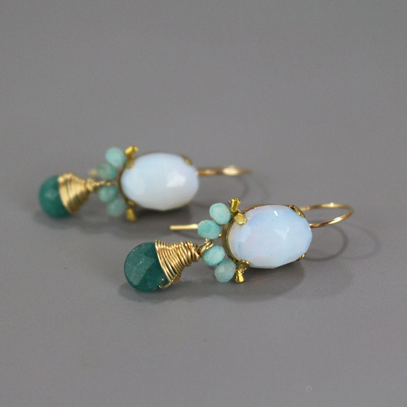 Multi-Color Gemstone Dangle Earrings in Gold Filled, Opalite Earrings, Clover Earrings, Amazonite Earrings Gift for Her, Gift for Mom