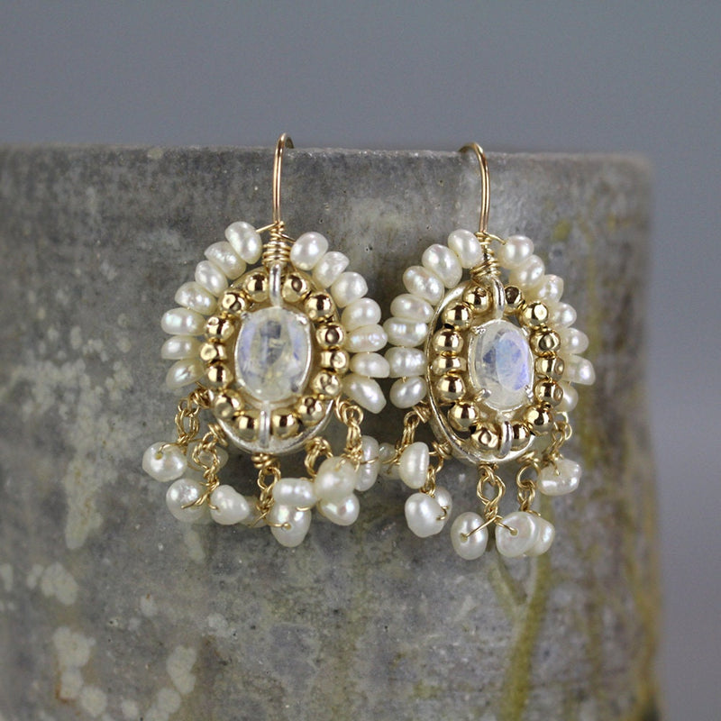 Moonstone Bridal Earrings, Moonstone Pearl Earrings, Bohemian Wedding Earrings, Pearl Cluster Earrings, Statement Earrings, Bridal Jewelry