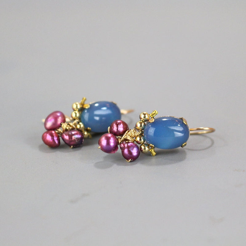 Oval Blue Lace Agate Earrings, Pink Pearl Earrings, Bridesmaid Gift, Gemstone Cluster Earrings, Artisan Handcrafted Jewelry, Dangle Earrings