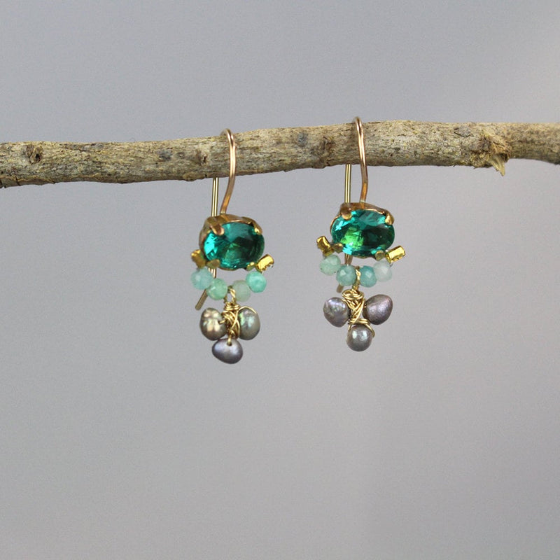 Small Gemstone Earrings, Tiny Green Blue Dangle Earrings, Gift Ideas, Pearl Cluster Earrings, Boho Earrings, Petite Earrings, Unique Jewelry