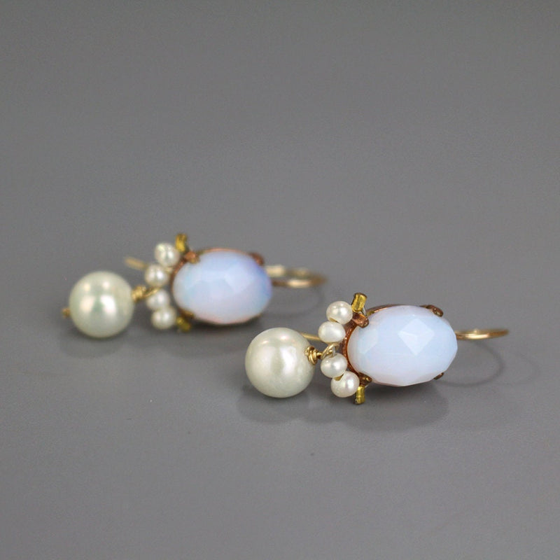 Boho Bridal Earrings, Opalite Oval Earrings, Statement Earrings, Bohemian Wedding Jewelry, Pearl Drop Earrings, Vintage Style