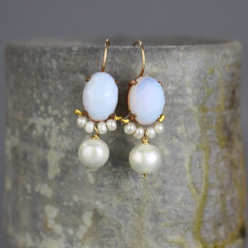 Boho Bridal Earrings, Opalite Oval Earrings, Statement Earrings, Bohemian Wedding Jewelry, Pearl Drop Earrings, Vintage Style