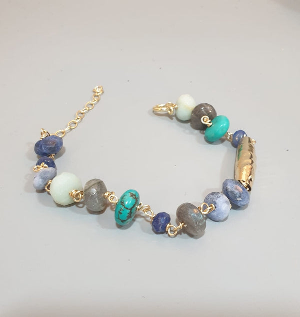 Blue Gemstone Bracelet, Layering Bracelet, Aquamarine Bracelet, Multi Stone Bracelet, Gold Filled Bracelet, Labradorite Chain Bracelet