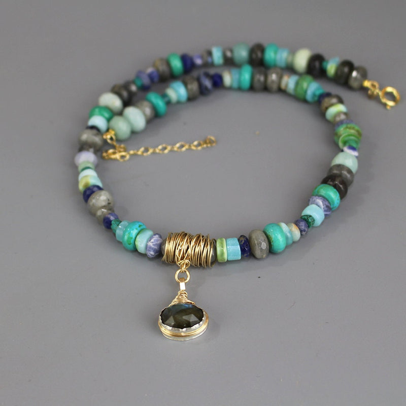 Blue Gemstone Necklace, Labradorite Statement Pendant Necklace, Turquoise Necklace, Amazonite Necklace, Multi Stone Necklace, Eye Necklace
