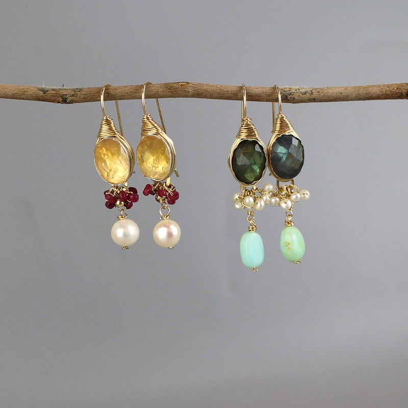 Statement Labradorite Earrings, Pearl Cluster Earrings, Peruvian Opal Earrings, Unique Earrings, Multi Stone Earrings, Bridal Earrings