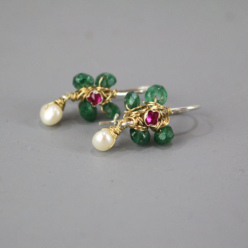 Pink Green Flower Earrings, Bohemian Earrings, Small Jasmine Earrings, Wire Wrap Gemstone Earrings, Pearl Earrings, Multi Stone Earrings