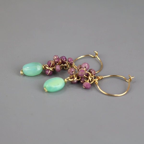 Lepidolite Cluster Hoop Earrings, Peruvian Opal Drop Earrings, Gemstone Hoop Earrings, Light Blue Turquoise Amazonite Earrings