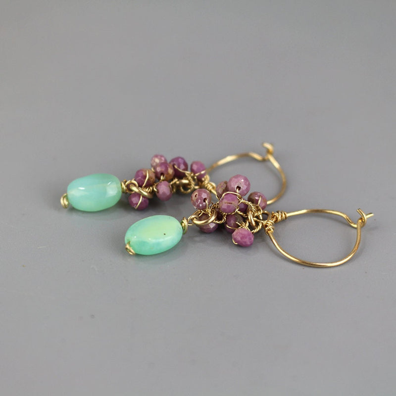 Lepidolite Cluster Hoop Earrings, Peruvian Opal Drop Earrings, Gemstone Hoop Earrings, Light Blue Turquoise Amazonite Earrings