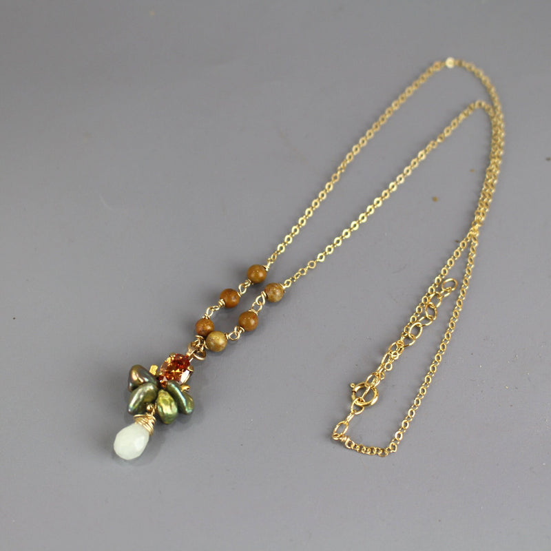 Gemstone Necklace, Champagne Zircon Necklace, Jade Drop Necklace, Bee Cluster Pendant Necklace, Unique Necklace, Gifts for Women