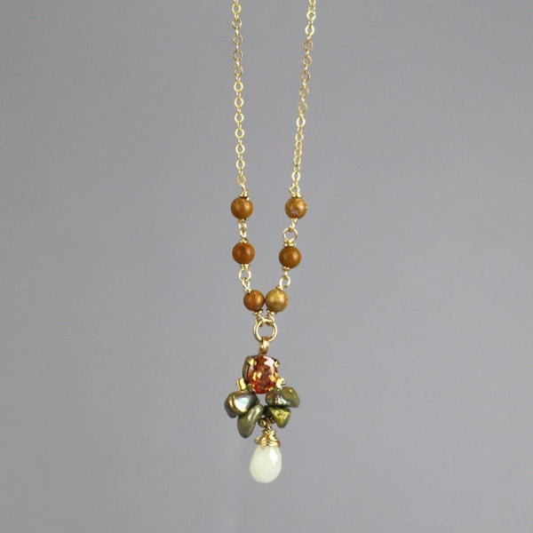 Gemstone Necklace, Champagne Zircon Necklace, Jade Drop Necklace, Bee Cluster Pendant Necklace, Unique Necklace, Gifts for Women