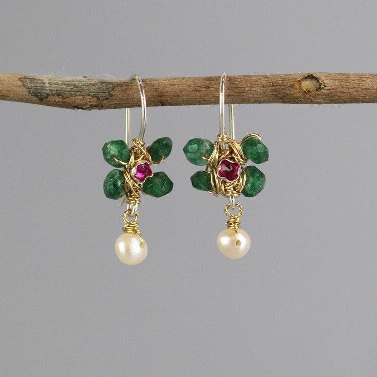 Pink Green Flower Earrings, Bohemian Earrings, Small Jasmine Earrings, Wire Wrap Gemstone Earrings, Pearl Earrings, Multi Stone Earrings