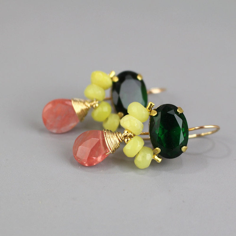 Big Gemstone Earrings, Green and Pink Earrings, Statement Earrings, Green Zircon Earrings, Unique Dangle Earrings, Green Jewelry, Boho Chic