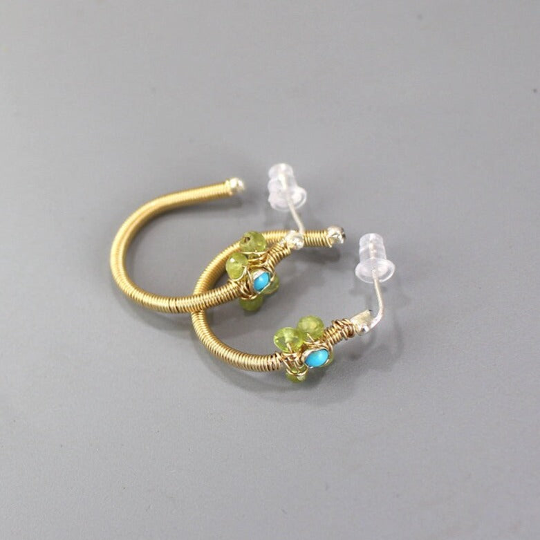 Turquoise Peridot Hoop Earrings, Birthstone Hoop Earrings, Wire Wrap Hoops, Gemstone Hoop Earrings, Bohemian Jewelry, Flower Hoop Earrings