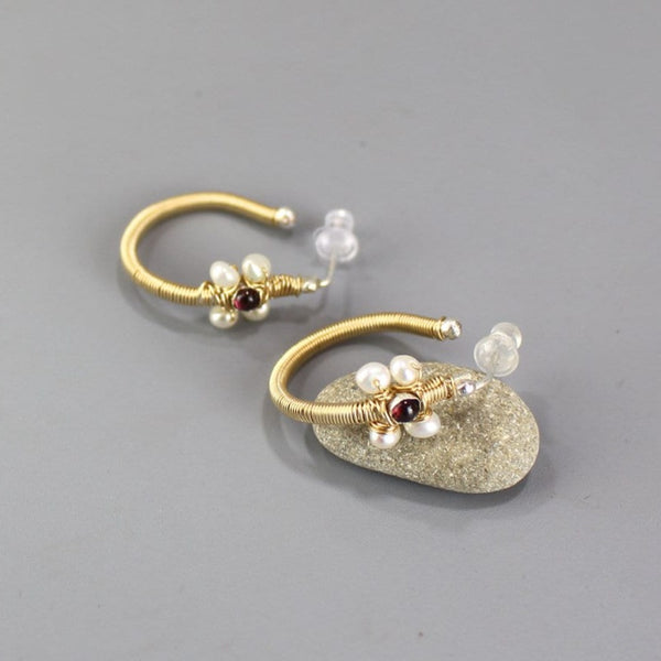 Garnet Hoop Earrings, Wire Wrapped Hoop Earrings, Garnet Pearl Hoops, Flower Hoop Earrings, Bohemian Earrings, Gemstone Hoops, Boho Chic