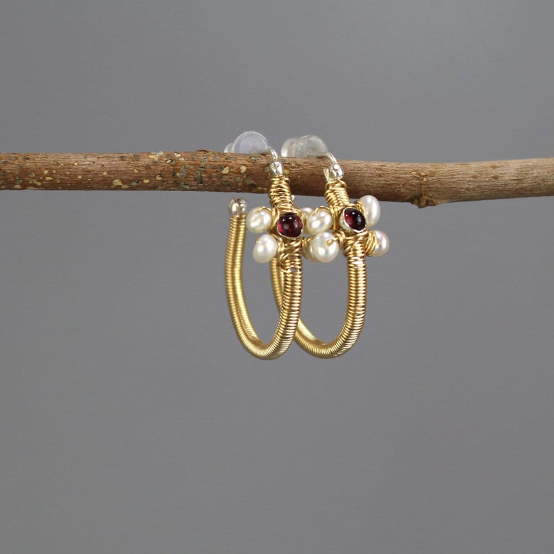 Garnet Hoop Earrings, Wire Wrapped Hoop Earrings, Garnet Pearl Hoops, Flower Hoop Earrings, Bohemian Earrings, Gemstone Hoops, Boho Chic