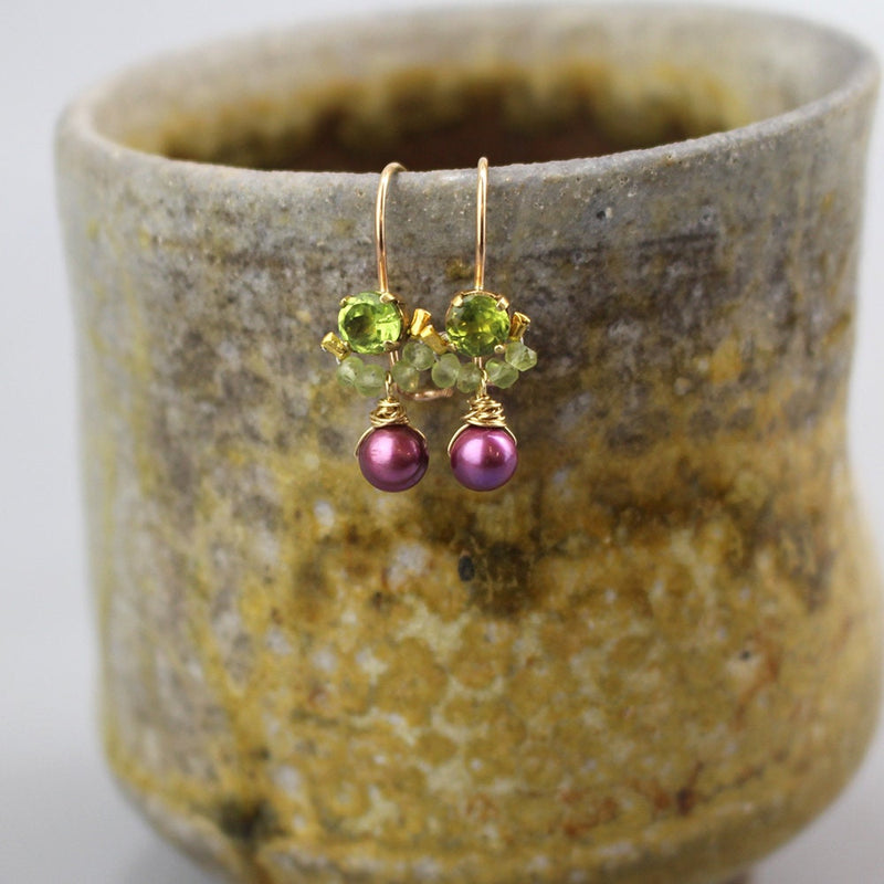 Peridot Earrings, Pink Pearl Drop Earrings, Green Pink Earrings, Colorful Earrings, Bohemian Jewelry, Tiny Gemstone Earrings, Small Earrings