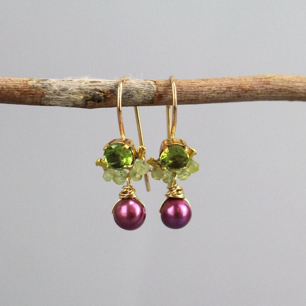 Peridot Earrings, Pink Pearl Drop Earrings, Green Pink Earrings, Colorful Earrings, Bohemian Jewelry, Tiny Gemstone Earrings, Small Earrings