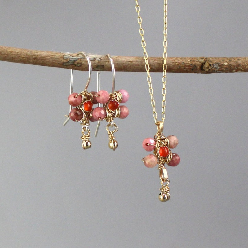 Carnelian Jewelry Set, Jasmine Earrings Necklace Set, Flower Earrings, Carnelian Pendant Necklace, Rhodonite Necklace, Rhodonite Earrings