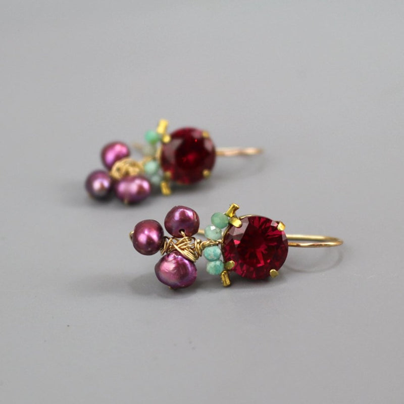 Multi Stone Earrings, Cluster Drop Earrings, Fuchsia Earrings, Amazonite Earrings, Pink Pearl Earrings, Boho Jewelry, Gemstone Earrings