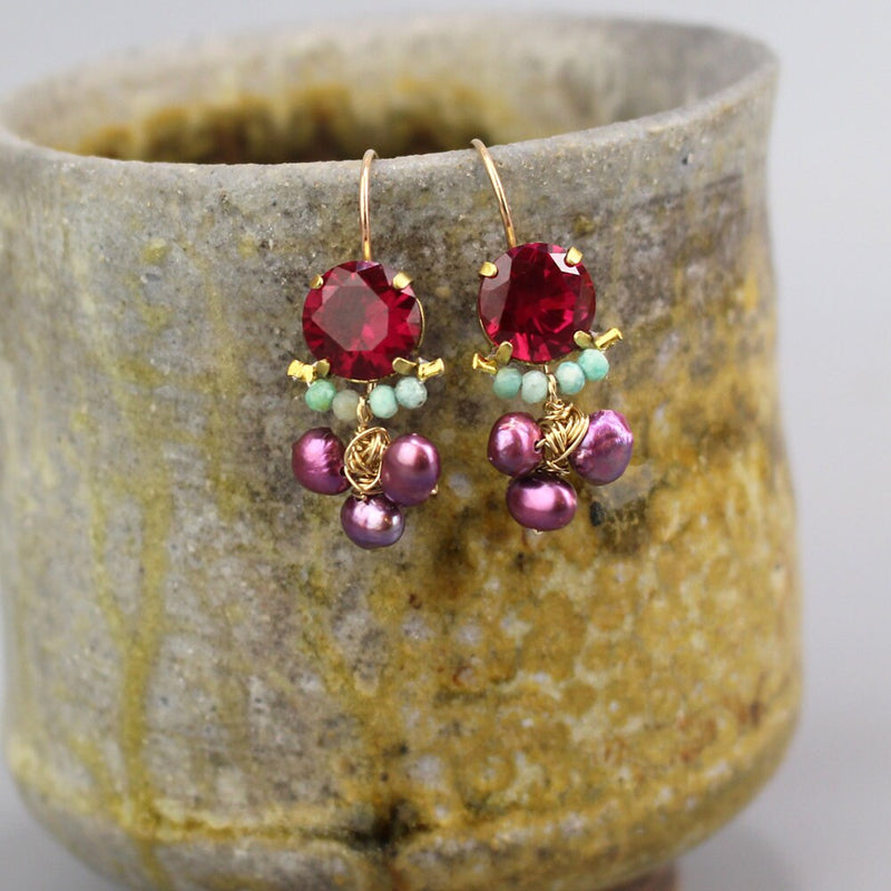 Multi Stone Earrings, Cluster Drop Earrings, Fuchsia Earrings, Amazonite Earrings, Pink Pearl Earrings, Boho Jewelry, Gemstone Earrings